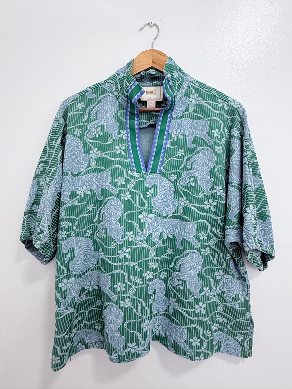 Emily McCarthy Printed V-Neck Tunic Blouse in Green and Pale Blue